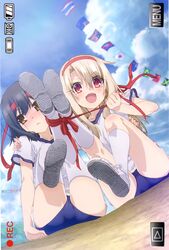  2girls archived_source ass australian_flag black_hair blue_buruma brazilian_flag brown_eyes brown_hair buruma cambodian_flag cover dvd_cover fate/kaleid_liner_prisma_illya fate_(series) flags_of_all_nations gym_uniform headband highres illyasviel_von_einzbern jamaican_flag japanese_flag kneehighs leg_lift long_hair malaysian_flag miyu_edelfelt multiple_girls official_art people&#039;s_republic_of_china_flag ranguage red_eyes ribbon scan shoes short_hair sitting smile sneakers socks sports_festival string_of_flags thai_flag thighhighs three-legged_race viewfinder white_socks white_thighhighs 