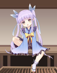  absurdres black_skirt blue_kimono bow elf female frills full_body highres japanese_clothes kimono knee_up kyoka_(princess_connect!) long_hair long_sleeves open_mouth photoshop_(medium) pointy_ears princess_connect! purple_eyes purple_hair ribbon sandals sitting skirt solo spread_legs tabi the_hermit twintails very_long_hair white_footwear wide_sleeves yellow_bow 