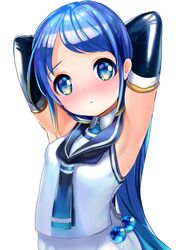  absurdres armpits arms_behind_head banned_artist black_gloves blue_eyes blue_hair elbow_gloves gloves highres kantai_collection long_hair poko_(mammypoko) samidare_(kantai_collection) school_uniform serafuku simple_background sleeveless very_long_hair 