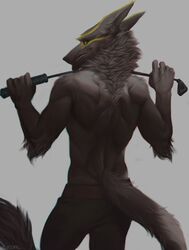  2019 b.koal black_body black_fur bottomwear clothed clothing digital_media_(artwork) fur fur_markings green_eyes grey_background grey_body grey_fur hallau hi_res holding_object looking_at_viewer looking_back looking_back_at_viewer male markings muscular pants rear_view riding_crop sergal signature simple_background solo tail tail_tuft tuft whip yellow_body yellow_fur 