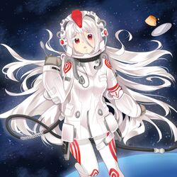  absurdres albino astronaut breasts cable colored_eyelashes commentary deadman_wonderland english_commentary eyelashes female floating_hair food hair_between_eyes helmet highres holding holding_spoon long_hair looking_at_viewer open_mouth pudding red_eyes shiro_(deadman_wonderland) solo space space_helmet spacesuit spoon star_(sky) white_hair yaya_chan 