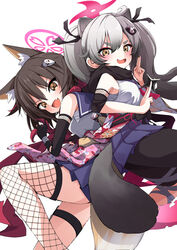  2girls :3 :d animal_ear_fluff animal_ears ass back-to-back black_gloves black_hair black_pantyhose blue_archive commentary_request elbow_gloves eyeshadow fingerless_gloves fishnet_fabric fox_ears fox_girl fox_hair_ornament fox_shadow_puppet fox_tail fumi_(fumibeing) gloves gradient_hair grey_hair hadanugi_dousa hair_between_eyes halo highres izuna_(blue_archive) japanese_clothes kuji-in long_hair long_sleeves looking_at_viewer makeup michiru_(blue_archive) multicolored_hair multiple_girls ninja oerba_yun_fang one_side_up pantyhose pink_halo pleated_skirt raccoon_ears raccoon_girl raccoon_hair_ornament raccoon_tail red_eyeshadow rope school_uniform serafuku shimenawa sidelocks simple_background skirt sleeveless smile tail thick_eyebrows thigh_strap twintails two-tone_hair white_background wide_sleeves yellow_eyes 