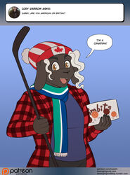  5_fingers ask_blog beanie black_nails black_nose blue_background bovid brown_body brown_eyes canada canadian canadian_flag caprine clothing colored_nails conditional_dnp dialogue dialogue_box digital_media_(artwork) english_text eyebrows female fingers flannel_shirt gabby_(kadath) hair hat headgear headwear hockey_stick kadath looking_at_viewer mammal maple_leaf nails patreon patreon_logo pattern_clothing plaid plaid_clothing scarf sheep signature simple_background solo speech_bubble talking_to_viewer text thick_eyebrows toque url website_logo white_hair 