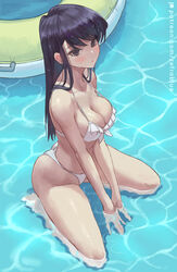  bikini black_hair blush breasts cleavage closed_mouth commentary female full_body grey_eyes highres innertube kneeling komi-san_wa_komyushou_desu komi_shouko large_breasts long_hair patreon_username revision solo straight_hair strap_gap swim_ring swimsuit thighs water web_address wet wet_hair white_bikini zefrableu 