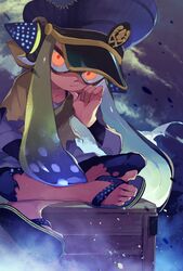  absurdres agent_3_(splatoon) female flip-flops frown green_hair hand_on_own_chin hat headphones highres indian_style inkling inkling_girl inkling_player_character looking_at_viewer mkakimikan multicolored_hair pants peaked_cap poncho sandals sitting solo splatoon_(series) splatoon_3 tentacle_hair toes torn_clothes torn_pants two-tone_hair 