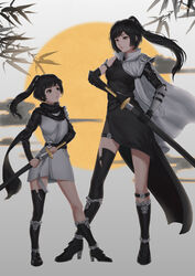  2girls asymmetrical_legwear belt black_belt black_dress black_eyes black_hair black_legwear boots branch closed_mouth dress eye_contact floating_hair height_difference high_heel_boots high_heels highres holding holding_sword holding_weapon jiliang_jiying_yumao long_hair looking_at_another multiple_girls original ponytail sheath single_sock single_thighhigh smile socks sword thighhighs uneven_legwear unsheathing weapon 