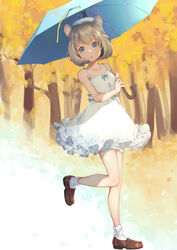  absurdres animal_ears bare_arms bare_shoulders blue_eyes blue_umbrella brown_footwear dress female flower forest full_body grey_hair hair_flower hair_ornament hat highres holding holding_umbrella hoshimi_(virtuareal) jiliang_jiying_yumao medium_hair nature nijisanji parted_lips shoes socks solo spaghetti_strap standing standing_on_one_leg sundress tree umbrella virtual_youtuber virtuareal white_dress white_hat white_socks 