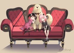  2girls ahoge animal anya_(spy_x_family) becky_blackbell black_dress black_footwear black_hair black_legwear bond_(spy_x_family) brown_background canine closed_eyes closed_mouth commentary couch dress english_commentary facing_viewer great_pyrenees highres long_sleeves multiple_girls on_couch pantyhose parted_lips pink_dress pink_hair puffy_short_sleeves puffy_sleeves red_footwear shadow shoes short_sleeves signature smile socks spy_x_family twintails white_socks you_ni_ge_shaobing 