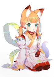  absurdres andou_inari andou_inari_official animal_ears blue_eyes blunt_bangs colored_skin copyright_request detached_sleeves female fox_ears full_body hair_ornament hairclip highres japanese_clothes jiliang_jiying_yumao joints kimono looking_at_viewer low_twintails medium_hair nijisanji orange_hair parted_lips red_skin robot_joints seiza simple_background sitting solo twintails virtual_youtuber virtuareal white_background white_kimono x_hair_ornament 