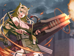  absurdres animal_ear_fluff animal_ears arknights bare_shoulders black_hairband black_jacket blonde_hair breasts building cloud cloudy_sky commentary_request female firing floating_hair glowing_hot green_eyes hair_between_eyes hairband highres holding horn_(arknights) ikutachi jacket juliet_sleeves long_hair long_sleeves medium_breasts oerba_yun_fang open_clothes open_jacket open_mouth outdoors puffy_sleeves sky solo standing teeth upper_teeth_only very_long_hair 