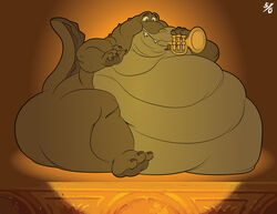  2018 50percentgrey alligator alligatorid anthro ass belly big_belly big_butt brass_instrument claws crocodilian disney fangs holding_object holding_trumpet louis_(tpatf) male morbidly_obese morbidly_obese_anthro morbidly_obese_male musical_instrument nude obese obese_anthro obese_male overweight overweight_anthro overweight_male raised_tail reptile scales scalie signature sitting solo stage tail teeth the_princess_and_the_frog thick_thighs toe_claws trumpet wide_hips wind_instrument 