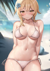  alternate_costume arms_behind_back bare_shoulders beach bikini blonde_hair blue_flower blurry blurry_background blush breasts closed_mouth cloud collarbone commentary_request cowboy_shot embarrassed female flower genshin_impact hair_between_eyes hair_flower hair_ornament highres looking_at_viewer lumine_(genshin_impact) md5_mismatch medium_breasts navel ocean outdoors rock shadow shiny_skin short_hair short_hair_with_long_locks side-tie_bikini_bottom sky solo standing stomach sweat swimsuit takenoko_pengin white_bikini yellow_eyes 