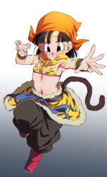  alternate_costume animal_print bandana black_eyes black_hair black_pants boots clenched_teeth cosplay dragon_ball dragon_ball_gt female flat_chest full_body gradient_background grey_background looking_at_viewer monkey_tail navel orange_bandana pan_(dragon_ball) pants red_footwear rom_(20) short_hair smile solo sun_wukong sun_wukong_(cosplay) tail teeth tiger_print 