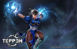  black_hair blue_dress bracelet bun_cover china_dress chinese_clothes chun-li commentary copyright_name copyright_notice dark_background dress english_commentary female fighting_stance glowing highres jeremy_chong jewelry official_art open_mouth pantyhose solo spiked_bracelet spikes street_fighter teppen 