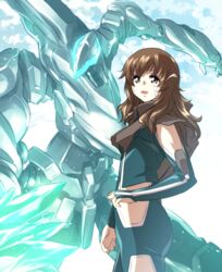  absurdres brown_hair commentary female from_side grey_eyes highres hino_miwa ishiyumi long_hair looking_at_viewer mark_sein mecha open_hands pilot_suit robot science_fiction smile soukyuu_no_fafner synergetic_suit 