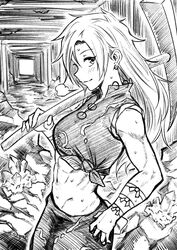  abs absurdres bad_id bad_twitter_id closed_mouth commentary_request cowboy_shot crop_top crystal female greyscale highres himemushi_momoyo long_hair looking_at_viewer midriff mine_(place) monochrome muscular muscular_female navel pickaxe sen_(daydream_53) shirt smile solo standing sweat tied_shirt touhou 