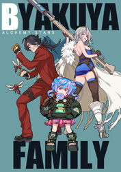  1boy 2girls absurdres alchemy_stars azure_(alchemy_stars) bandaid belt black_hair blue_dress blue_hair boots brass_knuckles breasts brown_gloves buckle candy coat copyright_name dress food fur-trimmed_coat fur_trim gloves goggles goggles_around_neck green_coat grey_hair grin gun hair_rings hands_in_pockets high_heel_boots high_heels highres holding_funnel jacket large_breasts loafers lollipop long_hair long_sleeves looking_at_viewer low_ponytail mouth_hold multiple_girls open_mouth pants parody pink_hair pink_skirt pouch red_jacket red_pants rifle roy_(alchemy_stars) shoes short_hair skirt smile snap-fit_buckle spy_x_family strapless strapless_dress tanaotanako toes weapon white_coat zeta_(alchemy_stars) 