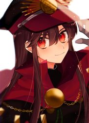  bad_id bad_twitter_id black_hair fate/grand_order fate_(series) female gloves hair_between_eyes hat highres long_hair looking_at_viewer oda_nobunaga_(fate) red_eyes simple_background smile solo upper_body usamimikurage white_background 