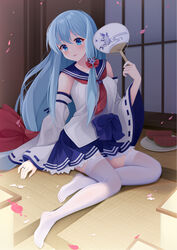  blue_eyes blue_hair blue_sailor_collar blue_skirt bow commentary_request detached_sleeves female fengli_(709622571) food fruit hair_between_eyes hairbow hand_fan highres holding holding_fan long_hair long_sleeves no_shoes paper_fan petals plate pleated_skirt red_bow ribbon-trimmed_sleeves ribbon_trim sailor_collar shirayuki_(warship_girls_r) shirt sitting skirt sleeves_past_wrists solo thighhighs uchiwa very_long_hair warship_girls_r watermelon watermelon_slice white_shirt white_sleeves white_thighhighs wide_sleeves yokozuwari 