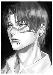  1boy black_background chainsaw_man collared_shirt curtained_hair dark_background ear_piercing greyscale hayakawa_aki hayakawa_aki_(early_concept_design) highres lip_piercing looking_to_the_side male_focus monochrome ndsoda piercing scar scar_on_cheek scar_on_face shirt short_hair simple_background solo twitter_username 