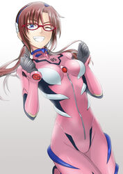  alternate_breast_size black_hairband bodysuit breasts breasts_apart brown_hair female floating_hair glasses gloves gradient_background grey_background grey_gloves grin hairband highres ivuki leg_up long_hair low_twintails makinami_mari_illustrious neon_genesis_evangelion one_eye_closed pilot_suit pink_bodysuit plugsuit rebuild_of_evangelion red-framed_eyewear science_fiction small_breasts smile solo twintails white_background 