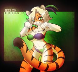  anthro arm_tuft bikini black_border blonde_hair border breasts cleavage clothed clothing elbow_tuft felid female fur green_eyes hair iris_(twokinds) looking_at_viewer mammal navel nekonny pantherine short_hair simple_background smile solo striped_body striped_fur stripes swimwear tiger tuft twokinds under_boob 