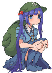  :/ absurdres backpack bag blue_eyes blue_footwear blue_hair blue_shirt blue_skirt blunt_bangs blush boots collared_shirt female full_body green_hat hair_bobbles hair_ornament hat highres kawashiro_nitori key long_hair looking_at_viewer mugi_(mugimugi_9kv) pocket rubber_boots shirt short_sleeves sitting skirt skirt_set solo touhou two_side_up 