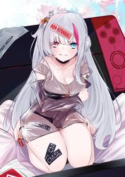  absurdres arm_under_breasts awakening_(neural_cloud) black_bra black_panties blue_eyes blush bra breasts cleavage clenched_teeth commentary_request commission dress female girls&#039;_frontline girls&#039;_frontline_neural_cloud heterochromia highres kuro_(neural_cloud) large_breasts long_hair looking_at_viewer mdr_(girls&#039;_frontline) multicolored_hair ohichi16 panties pink_eyes pink_hair see-through see-through_dress seiza short_dress sitting solo sticker_on_face sticker_on_leg streaked_hair tag teeth two_side_up underwear white_hair 