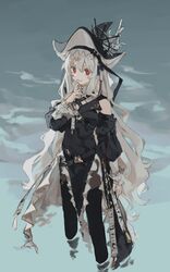  arknights bare_shoulders black_dress black_headwear black_pantyhose commentary_request dress female highres koane_k long_hair long_sleeves looking_at_viewer pantyhose red_eyes smile solo specter_(arknights) specter_the_unchained_(arknights) very_long_hair wading water white_hair 