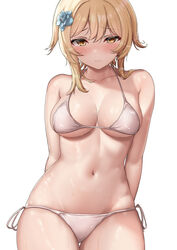  alternate_costume arms_behind_back bare_shoulders bikini blonde_hair blue_flower blush breasts closed_mouth collarbone commentary_request cowboy_shot embarrassed female flower genshin_impact hair_between_eyes hair_flower hair_ornament highres looking_at_viewer lumine_(genshin_impact) md5_mismatch medium_breasts navel shiny_skin short_hair short_hair_with_long_locks side-tie_bikini_bottom simple_background solo standing stomach straight-on sweat swimsuit takenoko_pengin white_background white_bikini yellow_eyes 