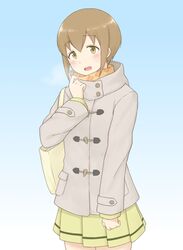  :d argyle_clothes argyle_scarf bag blue_background blush brown_eyes brown_hair coat commentary duffel_coat female freckles gradient_background grey_coat highres looking_at_viewer mohya open_mouth pleated_skirt scarf school_uniform short_hair shoulder_bag simple_background skirt smile solo standing tanaka_mako watashi_ga_motenai_no_wa_dou_kangaetemo_omaera_ga_warui! yellow_skirt 