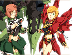  2girls blonde_hair brown_hair closed_mouth commentary_request enfuku green_eyes gundam gundam_unicorn kshatriya looking_at_viewer marida_cruz mecha_musume mineva_lao_zabi multiple_girls navel panties purple_eyes short_hair simple_background sinanju underwear white_background zeon 