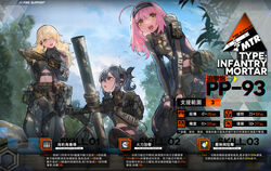  3girls ammunition ammunition_belt artist_request bad_link belt bird black_gloves blonde_hair blue_hair blue_sky boots breasts brown_eyes character_name clothing_cutout cloud cloudy_sky commentary_request earpiece forest from_below girls&#039;_frontline gloves grass hair_ornament hairband headphones highres holding holding_weapon long_hair long_sleeves looking_at_another looking_at_viewer medium_breasts medium_hair mortar_(weapon) mortar_shell multicolored_hair multiple_girls nature navel navel_cutout official_art open_mouth outdoors pink_hair pp-93_(girls&#039;_frontline) promotional_art sharp_teeth side_ponytail sitting sky small_breasts smile standing tactical_clothes teeth uniform upper_teeth_only weapon yellow_eyes 