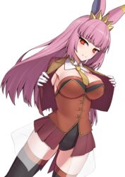  animal_ears blush breasts cleavage elfenlied22 fate/grand_order fate_(series) female gloves highres large_breasts leotard long_hair long_sleeves looking_at_viewer open_mouth pink_hair rabbit_ears rabbit_girl red_eyes riyo_servant_(bunnygirl)_(fate) smile solo thighs 