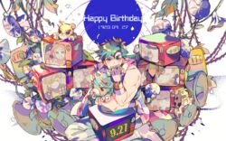  1boy bad_id bad_twitter_id battle_tendency birthday blue_eyes blue_hair caesar_anthonio_zeppeli character_doll character_request commentary elbow_rest erina_pendleton fingerless_gloves flower gloves grin happy_birthday hermit_purple higashikata_josuke holding holding_stuffed_toy horn_speaker iggy_(jojo) jean_pierre_polnareff jojo_no_kimyou_na_bouken joseph_joestar joseph_joestar_(young) kakyoin_noriaki kujo_jotaro lisa_lisa looking_at_viewer male_focus mohammed_avdol morning_glory muscular muscular_male robert_e._o._speedwagon scarf senzzang sitting sleeveless smile solo_focus stand_(jojo) striped_clothes striped_scarf stuffed_animal stuffed_toy suzi_q symbol-only_commentary teddy_bear television thorns 