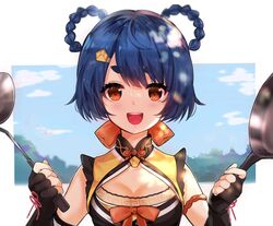  :d bare_shoulders black_gloves blue_hair blush braid braided_hair_rings breasts china_dress chinese_clothes cleavage dress female fingerless_gloves genshin_impact gloves hair_ornament hair_rings hairclip happy highres kuze_matsuri ladle looking_at_viewer open_mouth orange_eyes paw_print pot short_eyebrows short_hair small_breasts smile solo thick_eyebrows xiangling_(genshin_impact) 