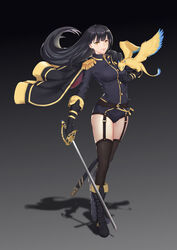  absurdres belt black_cape black_hair black_jacket black_shorts brown_belt brown_eyes brown_thighhighs cape closed_mouth creature epaulettes female floating_hair full_body highres jacket jiliang_jiying_yumao long_hair looking_at_viewer original short_shorts shorts smile solo standing thighhighs 