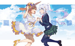  2girls :&gt; :d absurdres blue_background blue_eyes blue_jacket blue_thighhighs bow bowtie brown_footwear chinese_commentary closed_mouth collared_shirt commentary dress floating_hair flower from_side green_skirt hair_flower hair_ornament hand_on_headwear hat hat_bow hat_flower high_heels highres holding_hands honma_himawari interlocked_fingers jacket jiliang_jiying_yumao karu_(virtuareal) loafers long_hair looking_at_viewer looking_to_the_side multiple_girls nijisanji off-shoulder_dress off_shoulder open_mouth pleated_skirt ponytail puffy_short_sleeves puffy_sleeves red_bow red_bowtie ribbon sash school_uniform shirt shoes short_sleeves sideways_glance signature skirt smile strappy_heels straw_hat sun_hat sundress sunflower teruterubouzu thighhighs very_long_hair virtual_youtuber virtuareal white_dress white_hair yellow_footwear yellow_ribbon 