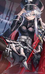  armor armored_skirt azur_lane belt black_coat black_footwear black_hat black_legwear blue_eyes boots breastplate breasts coat coat_on_shoulders crossed_legs cuboon female hair_over_one_eye hand_up hat high_heel_boots high_heels holding holding_sword holding_weapon long_hair long_sleeves looking_at_viewer medium_breasts military_hat odin_(azur_lane) parted_lips peaked_cap sitting skirt solo sword weapon white_hair wing_collar 