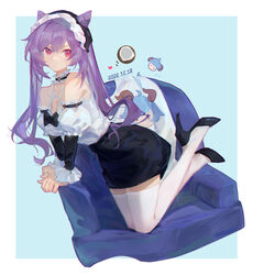  absurdres ahoge alternate_costume armchair black_footwear black_shirt chair chinese_commentary closed_mouth coconut collar commentary_request cone_hair_bun dated expressionless female frilled_collar frilled_sleeves frills fruit_cup full_body ganyu_(genshin_impact) genshin_impact hair_bun heart high_heels highres keqing_(genshin_impact) long_hair long_sleeves looking_at_viewer off-shoulder_shirt off_shoulder purple_hair red_eyes shirt solo thighhighs twintails very_long_hair white_thighhighs zettai_ryouiki zhulaosier 