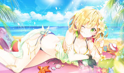  ;) bangle beach bikini blonde_hair blue_bikini blue_sky blush bracelet breasts charlotte_(shironeko_project) cleavage closed_eyes cloud cloudy_sky commentary_request day feet_out_of_frame female flower green_bikini green_eyes hair_between_eyes hair_flower hair_ornament hand_up horizon innertube jewelry looking_at_viewer lying medium_breasts mismatched_bikini mocha_(naturefour) ocean on_side one_eye_closed outdoors palm_tree seashell shell shironeko_project sky smile solo starfish swim_ring swimsuit tree water yellow_flower 