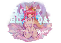  animal_ears between_legs blunt_bangs bra copyright_request crown female fishnet_thighhighs fishnets fox_ears fox_tail hand_between_legs happy_birthday heart heart-shaped_pupils highres jiliang_jiying_yumao looking_at_viewer navel orange_eyes panties red_hair signature sitting smile solo symbol-shaped_pupils tail thighhighs tilted_headwear twintails underwear wariza white_bra white_panties 