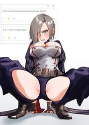  belt belt_buckle blush breasts brown_belt buckle cleavage commentary_request crotch_focus english_text ert_raitsui female fingerless_gloves girls&#039;_frontline gloves green_eyes grey_hair hair_over_one_eye highres large_breasts leather_belt long_sleeves m_legs mg5_(girls&#039;_frontline) open_mouth request_inset shoes short_hair solo squatting striped_sleeves 