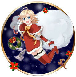  :d blonde_hair blue_eyes candy candy_cane capelet christmas daitabashi_kinu elbow_gloves female food fur_trim genderswap_(mtf) gloves highres holding liquid_snake medium_hair metal_gear_(series) metal_gear_solid open_mouth panties panty_peek reindeer rule_63 sack santa_costume smile solo striped_clothes striped_panties thighhighs underwear wreath zettai_ryouiki 