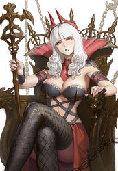  bare_shoulders blunt_bangs breasts carmilla_(fate) chains cleavage commentary_request crossed_legs curly_hair fate/grand_order fate_(series) female fuli_dun headgear highres holding jewelry large_breasts long_hair looking_at_viewer open_mouth photoshop_(medium) scepter simple_background sitting solo staff supportasse white_hair yellow_eyes 