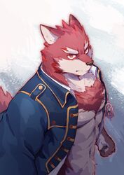  anthro body_hair canid canine chest_hair chest_tuft clothed clothing diederich_olsen fur hi_res jacket knights_college male mammal open_clothing open_jacket open_shirt open_topwear red_body red_fur shirt solo teacher topwear tuft youhei79384157 