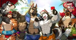  2019 abs absurd_res alaskan_malamute anthro arm_around_shoulders arm_tattoo backwards_baseball_cap backwards_hat baseball_cap baseball_tiger beard beverage biceps big_muscles black_body black_fur black_hair body_hair bottomwear brown_body brown_fur brown_hair bulge canid canine canis cellphone chris_(drks) claws clothed clothing cloud colored dog_tags domestic_dog drks drks_(drks) ear_piercing ear_ring electronics eyewear facial_hair felid feline finger_claws fox fur garnett german_shepherd gesture gloves goatee goggles group group_picture hair hand_gesture handwear happy_trail hardy_(drks) hat headgear headwear herding_dog hi_res hug husky inflatable inner_tube jewelry kawhi lifeguard_chair lifeguard_swimsuit light lion male male/male mammal muscular muscular_anthro muscular_male necklace nicolas_(drks) nipples nordic_sled_dog orange_body orange_fur outside palm_tree pantherine pastoral_dog patrick_(drks) pawpads pecs phone photo piercing plant red_body red_fur redick ring ring_piercing shirt shorts signature speedo spitz stripes sunglasses sunlight swimming_goggles swimwear tank_top tattoo tiger tongue tongue_out topwear towel towel_around_neck tree umbrella v_sign whistle_(object) white_body white_clothing white_fur white_hair white_shirt white_tank_top white_topwear wolf 