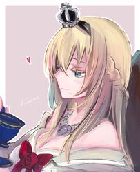  black_hairband blonde_hair blue_eyes border braid commentary_request crown cup dress female flower grey_background hairband half_up_braid highres kantai_collection long_hair long_sleeves mini_crown off-shoulder_dress off_shoulder red_flower red_ribbon red_rose ribbon rose saucer solo teacup tobari_(seaetana) two-tone_background upper_body warspite_(kancolle) white_border white_dress 