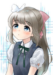  absurdres akebi-chan_no_serafuku blue_eyes blush bow bug butterfly butterfly_on_head collared_shirt female free_palet grey_hair hairbow highres hiraiwa_hotaru long_hair looking_up neck_ribbon parted_lips ponytail puffy_short_sleeves puffy_sleeves ribbon school_uniform shirt short_sleeves solo sweater_vest thick_eyebrows 