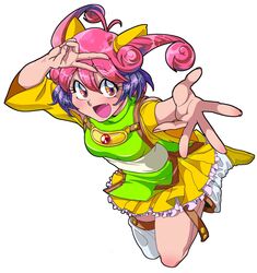  :d animal_ears bad_id bad_twitter_id boots curly_hair dress female full_body green_shirt highres ichi_orgin looking_at_viewer multicolored_eyes multicolored_hair open_mouth original outstretched_hand pink_hair pleated_skirt purple_hair shirt short_hair simple_background single_bare_leg single_thighhigh skirt smile solo thighhighs v white_background white_footwear white_thighhighs yellow_dress 